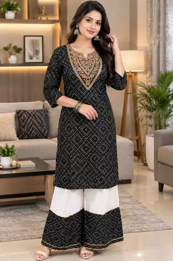 Traditional indian wear rayon fabric bandhani printed embroidery work kurta with palazzo