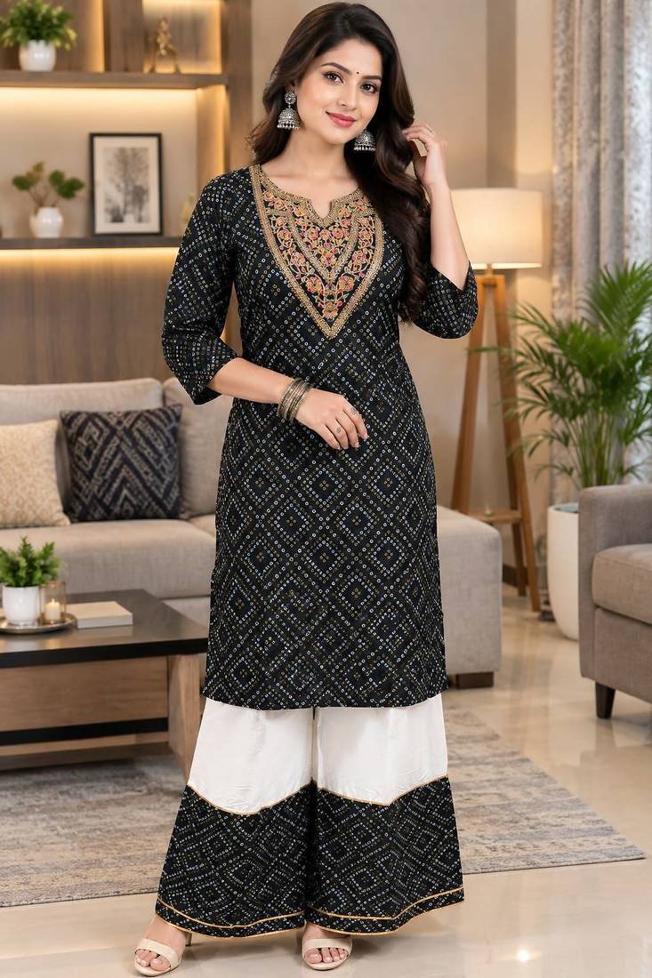 Traditional indian wear rayon fabric bandhani printed embroidery work kurta with palazzo