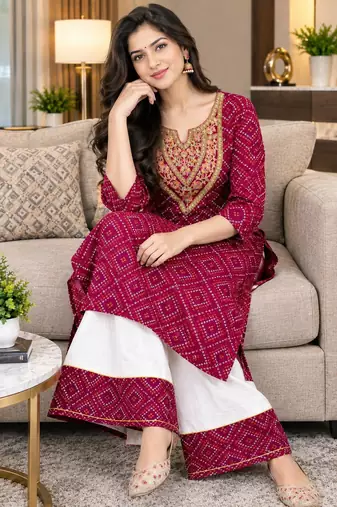 Traditional indian wear rayon fabric bandhani printed embroidery work kurta with palazzo