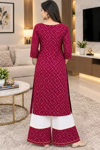 Traditional indian wear rayon fabric bandhani printed embroidery work kurta with palazzo