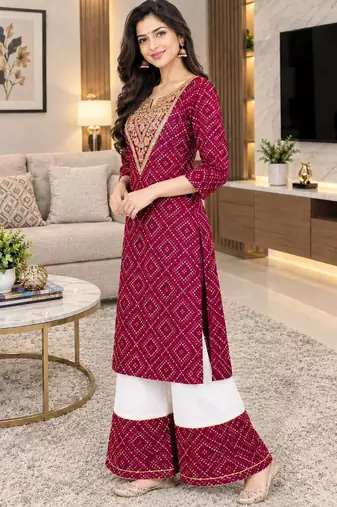 Traditional indian wear rayon fabric bandhani printed embroidery work kurta with palazzo