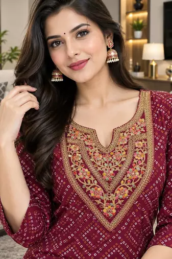 Traditional indian wear rayon fabric bandhani printed embroidery work kurta with palazzo