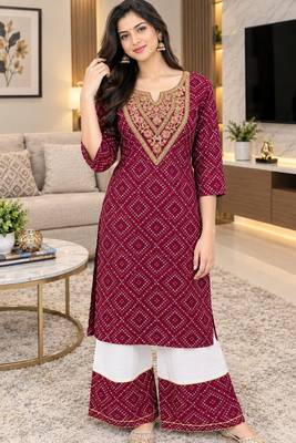 Traditional indian wear rayon fabric bandhani printed embroidery work kurta with palazzo 5