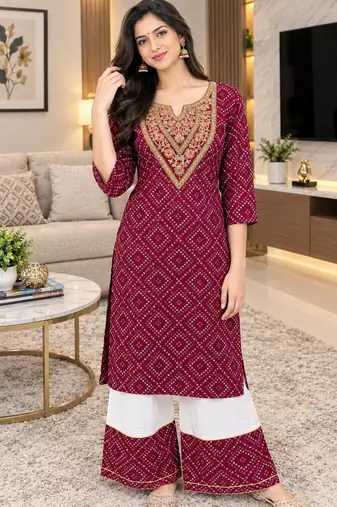 Traditional indian wear rayon fabric bandhani printed embroidery work kurta with palazzo