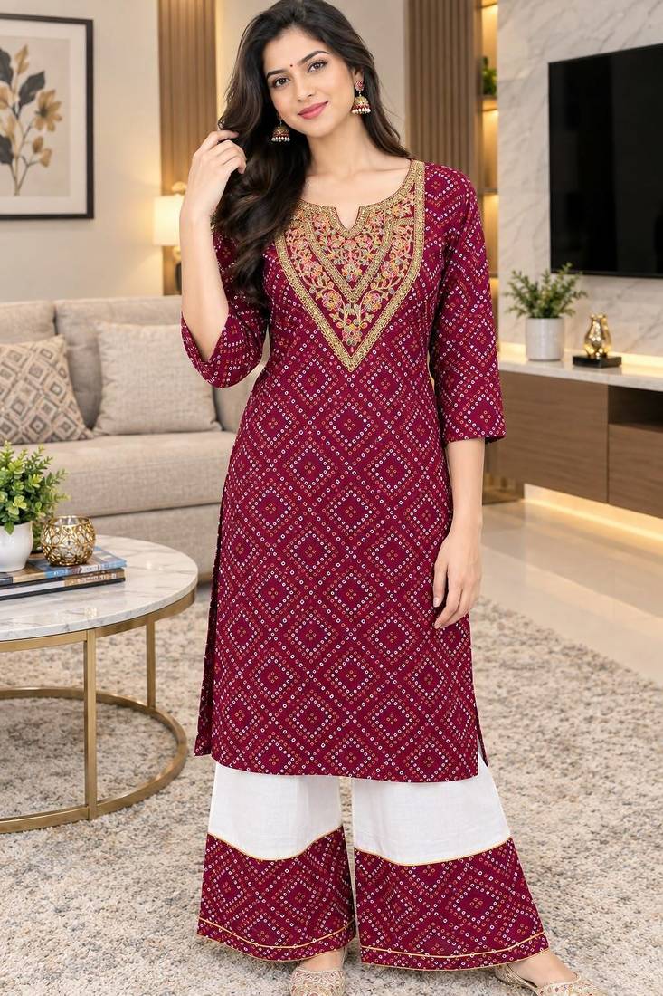 Traditional indian wear rayon fabric bandhani printed embroidery work kurta with palazzo