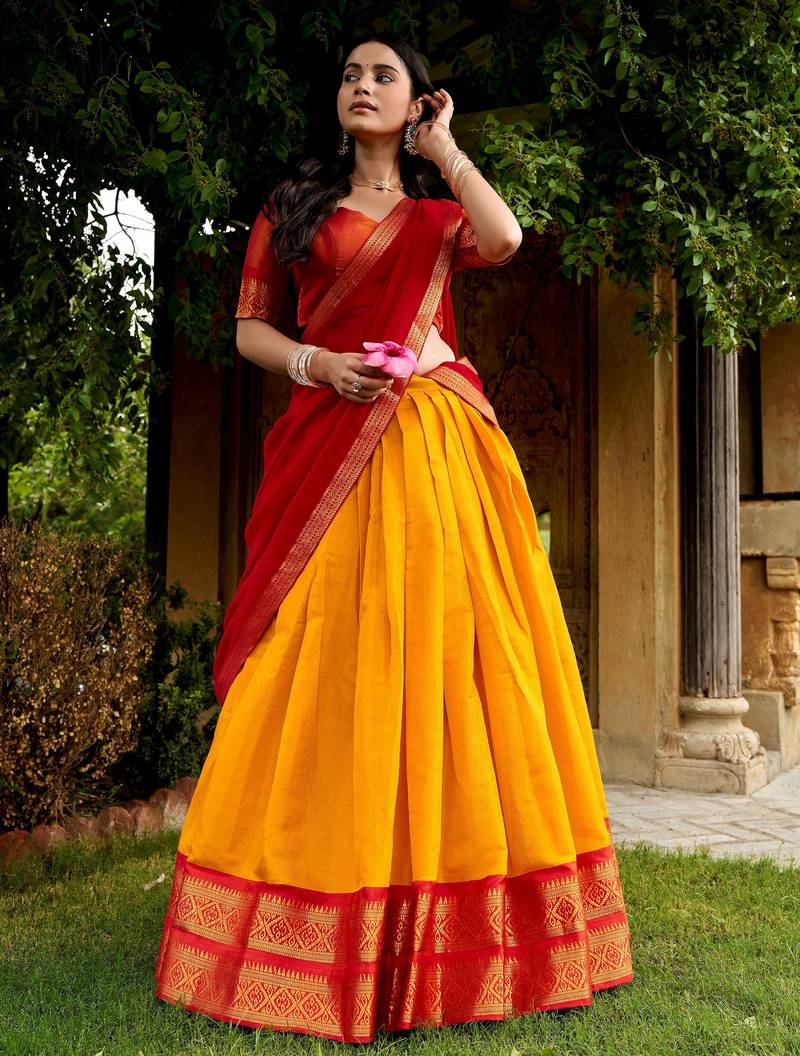 Beautiful Yellow Zari Weaving Silk Event Wear Half Saree Lehenga