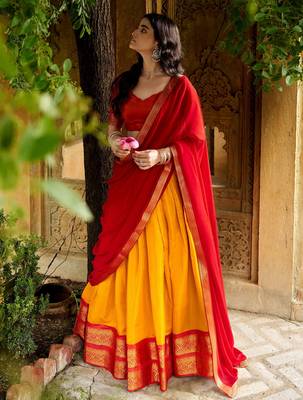 Beautiful Yellow Zari Weaving Silk Event Wear Half Saree Lehenga 2