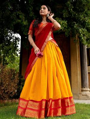 Beautiful Yellow Zari Weaving Silk Event Wear Half Saree Lehenga 3