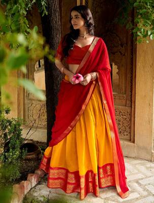 Beautiful Yellow Zari Weaving Silk Event Wear Half Saree Lehenga 4