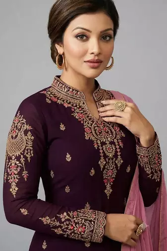 Maroon&pink georgette semi stitched suit with embroidery & sequence work