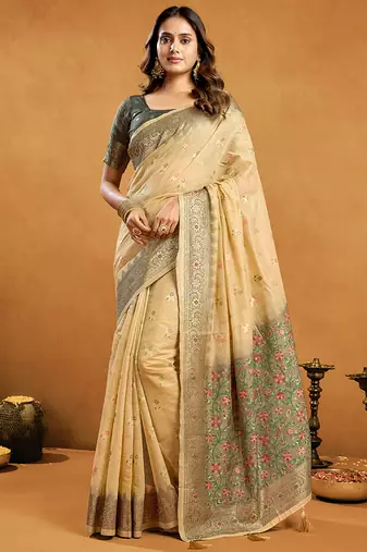 beige cotton blend saree with zari jhallar & rich pallu