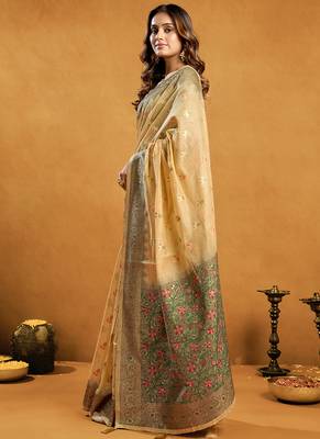 beige cotton blend saree with zari jhallar & rich pallu 2