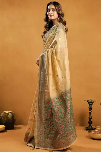 beige cotton blend saree with zari jhallar & rich pallu