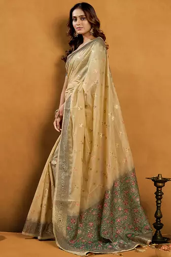 beige cotton blend saree with zari jhallar & rich pallu