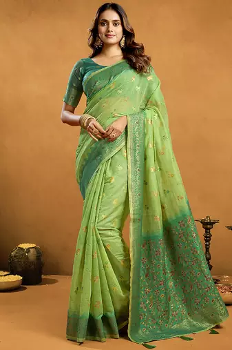 parrot green cotton blend saree with zari jhallar & rich pallu