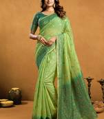 parrot green cotton blend saree with zari jhallar & rich pallu
