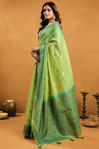 parrot green cotton blend saree with zari jhallar & rich pallu