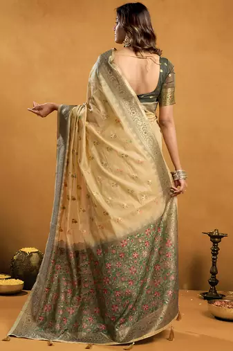 beige cotton blend saree with zari jhallar & rich pallu