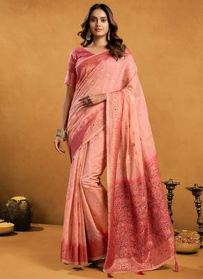 peach cotton blend saree with zari jhallar & rich pallu 1
