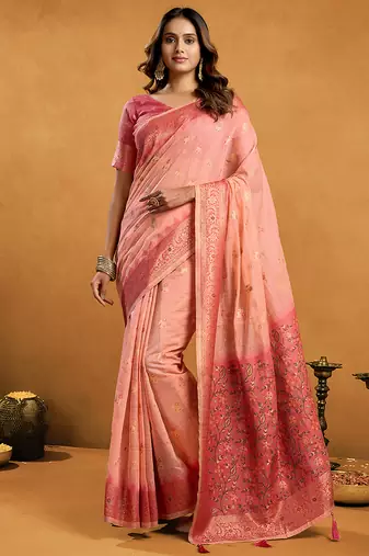 peach cotton blend saree with zari jhallar & rich pallu