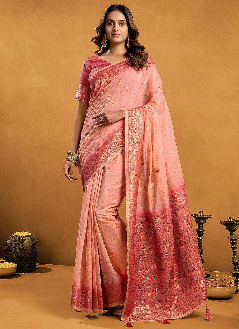 peach cotton blend saree with zari jhallar & rich pallu