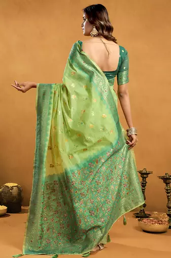 parrot green cotton blend saree with zari jhallar & rich pallu