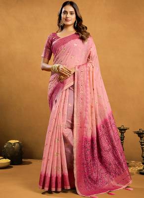 baby pink cotton blend saree with zari jhallar & rich pallu 1