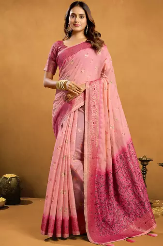 baby pink cotton blend saree with zari jhallar & rich pallu