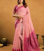 baby pink cotton blend saree with zari jhallar & rich pallu