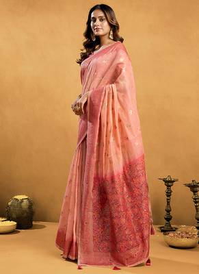 peach cotton blend saree with zari jhallar & rich pallu 2
