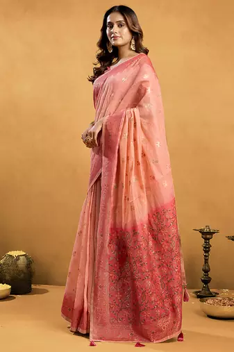 peach cotton blend saree with zari jhallar & rich pallu