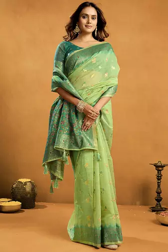 parrot green cotton blend saree with zari jhallar & rich pallu