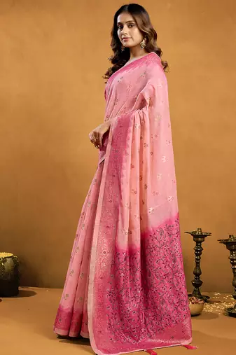 baby pink cotton blend saree with zari jhallar & rich pallu