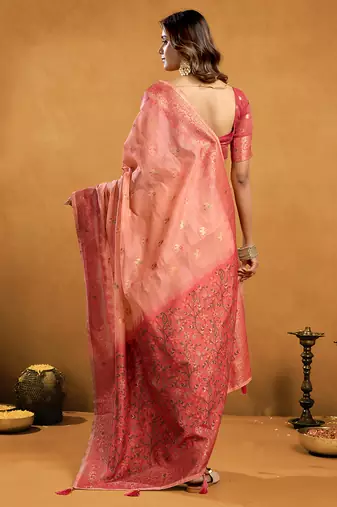 peach cotton blend saree with zari jhallar & rich pallu