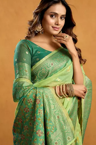 parrot green cotton blend saree with zari jhallar & rich pallu