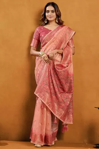 peach cotton blend saree with zari jhallar & rich pallu