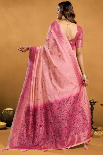 baby pink cotton blend saree with zari jhallar & rich pallu