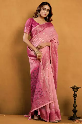 baby pink cotton blend saree with zari jhallar & rich pallu
