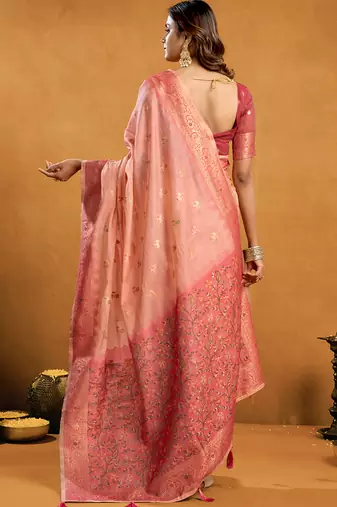 peach cotton blend saree with zari jhallar & rich pallu