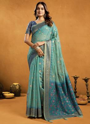 powder blue cotton blend saree with zari jhallar & rich pallu 1