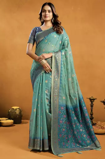 powder blue cotton blend saree with zari jhallar & rich pallu