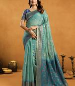 powder blue cotton blend saree with zari jhallar & rich pallu