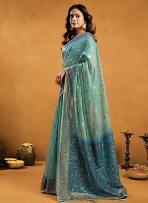 powder blue cotton blend saree with zari jhallar & rich pallu 2