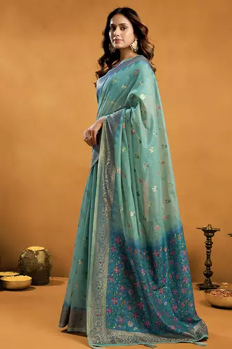 powder blue cotton blend saree with zari jhallar & rich pallu