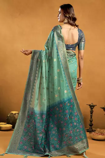 powder blue cotton blend saree with zari jhallar & rich pallu