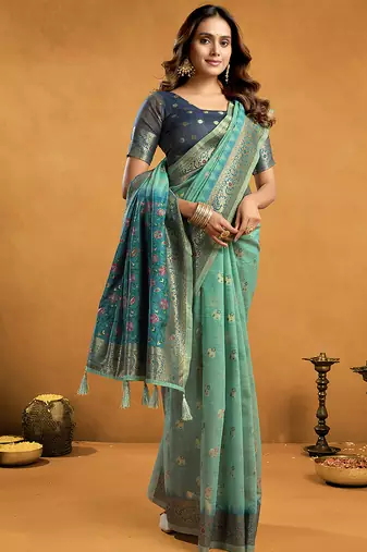 powder blue cotton blend saree with zari jhallar & rich pallu
