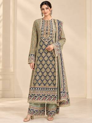Olive crepe silk blend printed suit set 1