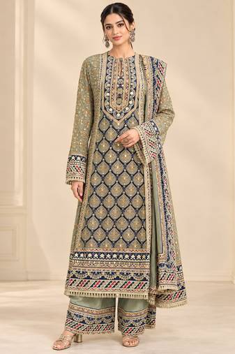 Olive crepe silk blend printed suit set
