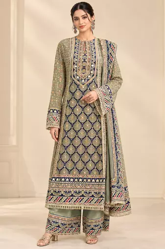 Olive crepe silk blend printed suit set