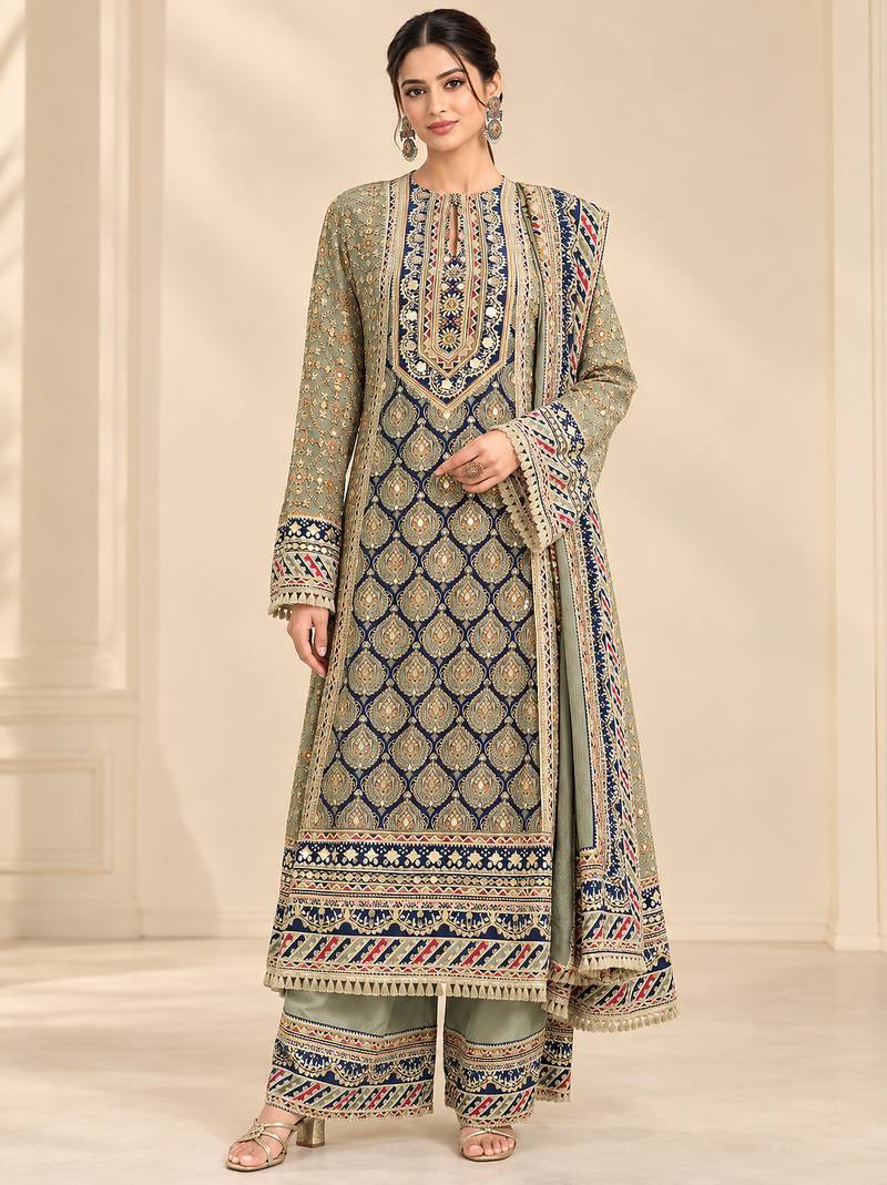 Olive crepe silk blend printed suit set
